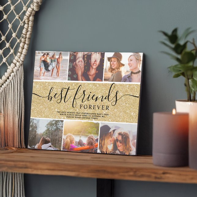 Best friends gold glitter 6 photo collage grid fotoplatte (Best friends gold glitter 6 photo collage grid plaque)