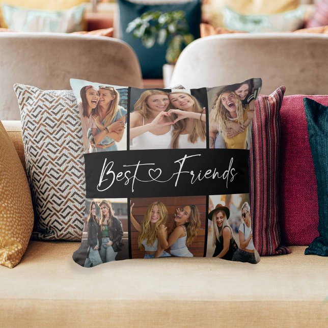 Best Friends Photo Collage Modern Script Heart Kissen (Von Creator hochgeladen)