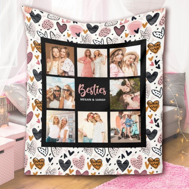 Best Friends Stylish BFF Friendship Photo Fleecedecke (A cute best friends blanket with a heart pattern background. Personalize 8 photos and your names.)