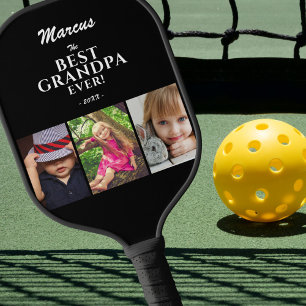Best Grandpa Ever Keepsake 3 Photo Black Pickleball Schläger