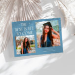Best Is Yet To Come Denim Blue Grad Photo Ankündigung<br><div class="desc">Modern and whimsical graduation announcement photo card featuring2 photos on the front and 1 on the back. The text says "The Best Is Yet To Come" with twinkling stars. Add the graduate's name,  information,  and message to personalize this card. Denim blue color.</div>