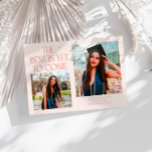 Best Is Yet To Come Peach Grad Photo Ankündigung<br><div class="desc">Modern and whimsical graduation announcement photo card featuring2 photos on the front and 1 on the back. The text says "The Best Is Yet To Come" with twinkling stars. Add the graduate's name,  information,  and message to personalize this card. Peach color.</div>