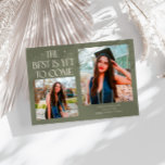 Best Is Yet To Come Sage Green Grad Photo Ankündigung<br><div class="desc">Modern and whimsical graduation announcement photo card featuring2 photos on the front and 1 on the back. The text says "The Best Is Yet To Come" with twinkling stars. Add the graduate's name,  information,  and message to personalize this card. Sage green color.</div>