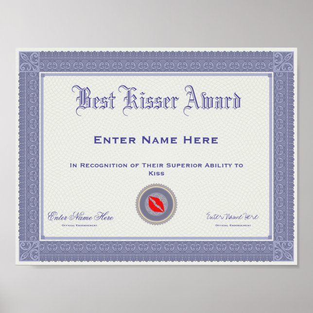Best Kisser Award Personalisiert Poster (Vorne)