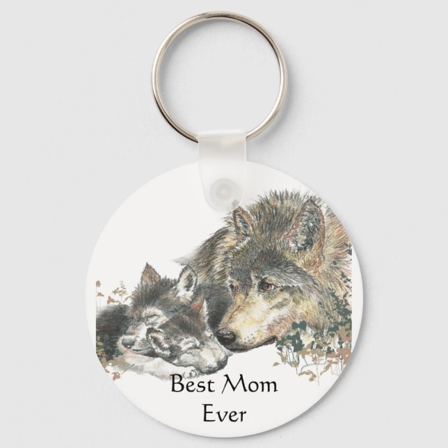 Best Mama Ever Watercolor Wolf & Cubs Tierthema Schlüsselanhänger (Vorderseite)