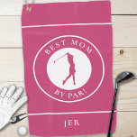Best Mom By Par Golfer Monogrammed Sports Pink Golfhandtuch<br><div class="desc">Unique custom design features a lady golfer silhouette set in a pink and white shape bordered with curved text "Best Mom By Par!" in crisp white font. You will also find a modern template for a monogrammed name, initials or custom text. The background is solid pink. If you have any...</div>