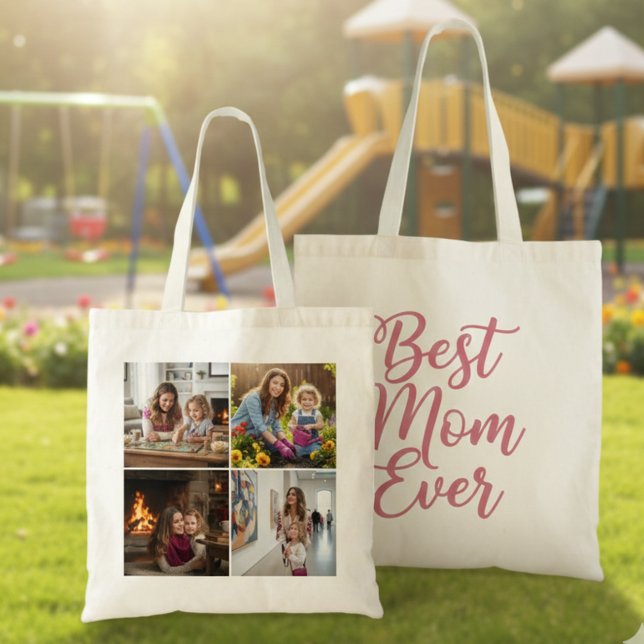 Best Mom Ever Custom 4 Photo Collage Pink Tote Bag (Créateur téléchargé)
