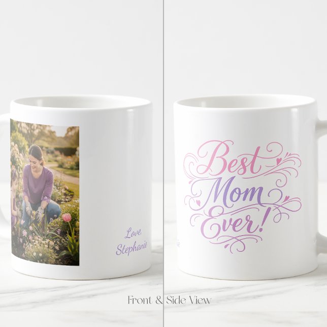 Best Mom Ever Pastel Hearts Custom Photo and Name Kaffeetasse (Von Creator hochgeladen)