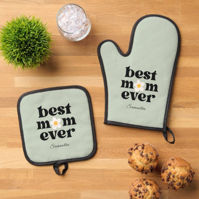 Best Mom Ever Personalized Sage Green Ofenhandschuh & Topflappen-Set (Oben Unten)
