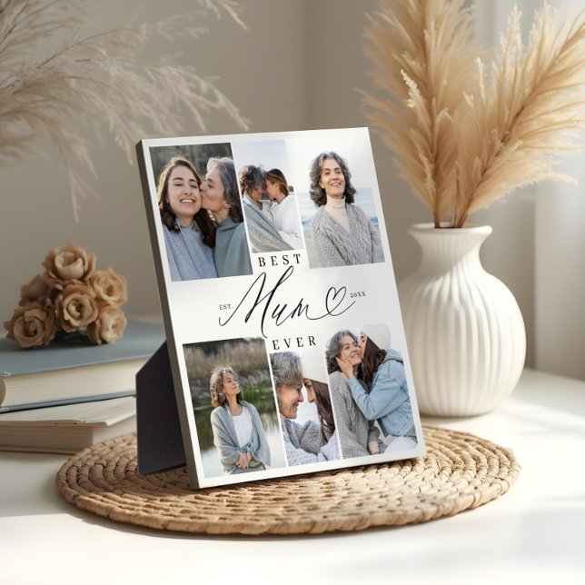Best Mum Ever Mum Script Herzfoto Collage Fotoplatte (Best Mum Ever Mum Script Heart Photo Collage Plaque)