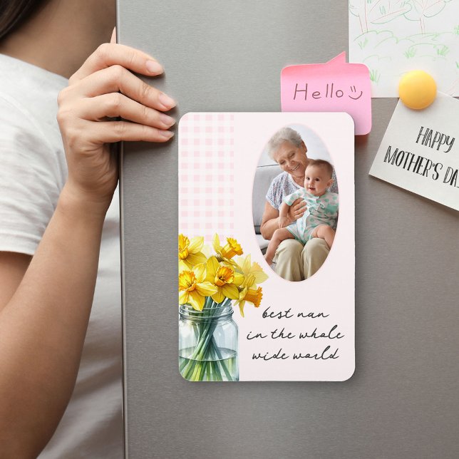 Best Nan Vertical Foto Pink Gingham und Affodien Magnet (Fridge Magnet for the best Nan with daffodils and editable wording - perfect for Mother's Day)