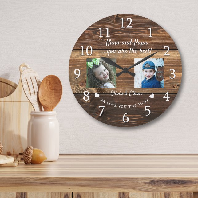 Best Nana and Papa Grandkids 2 Foto Collage Wood Große Wanduhr (Best Nana And Papa Grandkids 2 Photo Collage Wood Large Clock
)