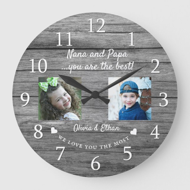 Best Nana and Papa Grandkids 2 Foto Graues Holz Große Wanduhr (Vorderseite)