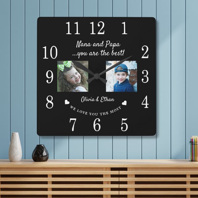 Best Nana and Papa Grandkids Foto Collage Black Quadratische Wanduhr (Von Creator hochgeladen)