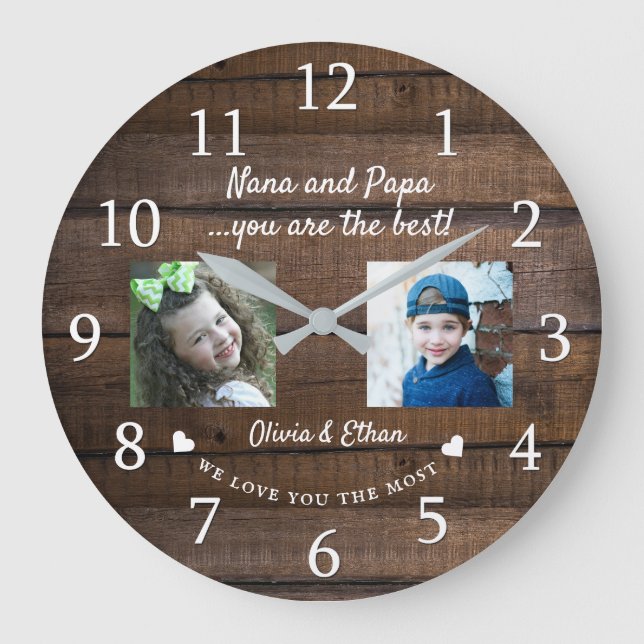 Best Nana and Papa Grandkids Foto Leimwood Große Wanduhr (Vorderseite)