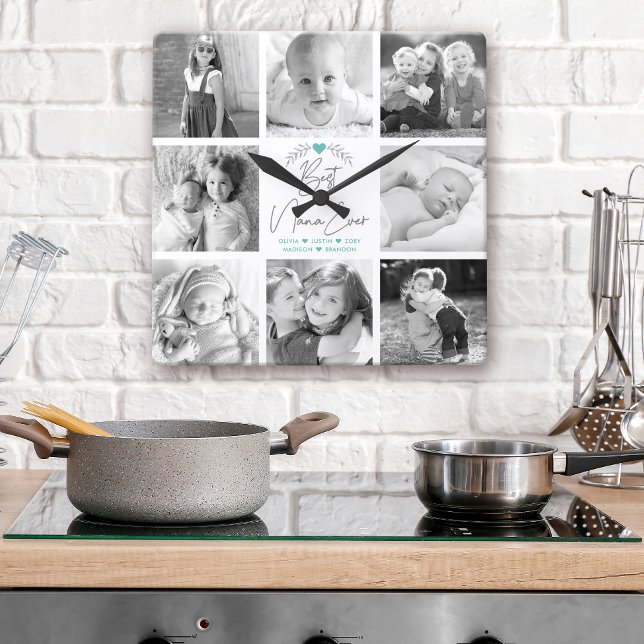 Best Nana Ever Modernes Script 8 Foto Collage Chic Quadratische Wanduhr (Von Creator hochgeladen)
