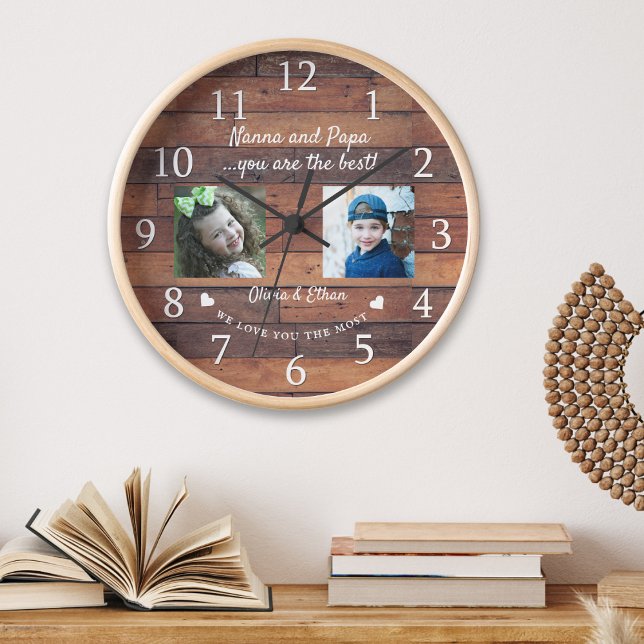 Best Nanna and Papa Grandkids Foto Collage Holz Uhr (Best Nanna And Papa Grandkids Photo Collage Wood Clock)