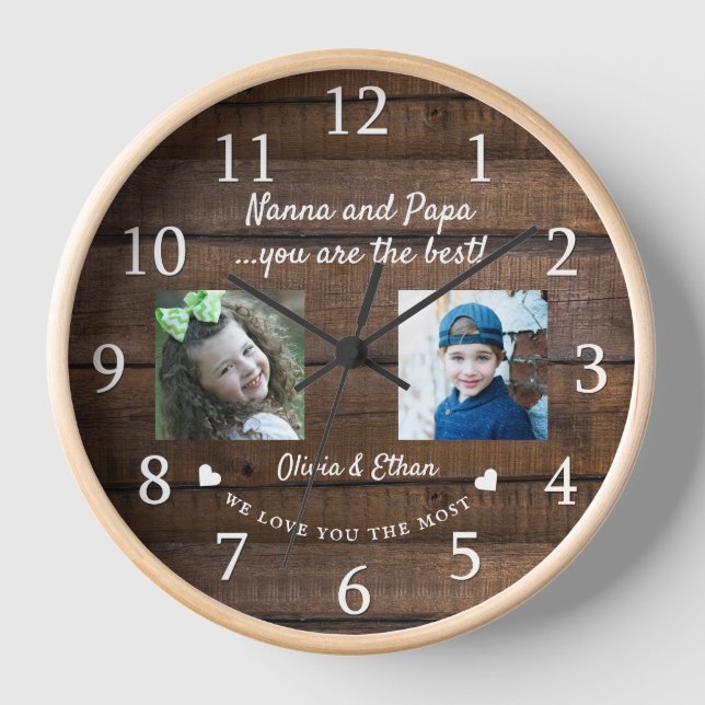 Best Nanna and Papa Grandkids Foto Collage Holz Uhr (Vorderseite)