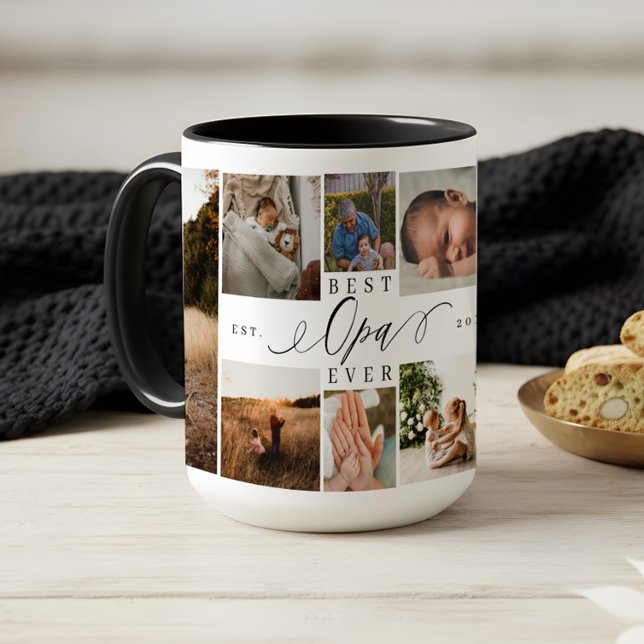 Best Opa Ever Elegantes Script 8 Foto Collage Zweifarbige Tasse (Best Opa Ever Elegant Script 8 Photo Collage Two-Tone Coffee Mug)