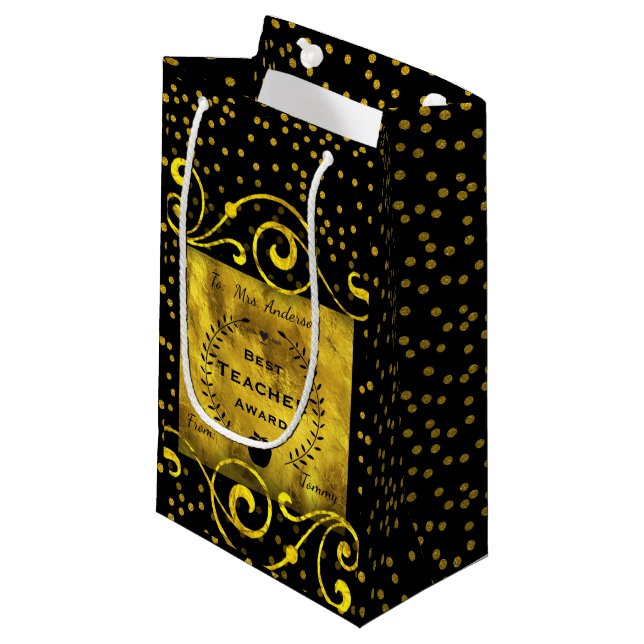 Best Teacher Award Gold mit Black Danke Kleine Geschenktüte (Vorderseite Schrägansicht)