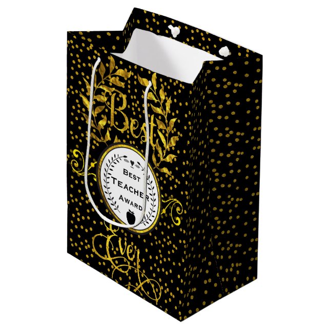 Best Teacher Award Gold mit Black Danke Mittlere Geschenktüte (Vorderseite Schrägansicht)
