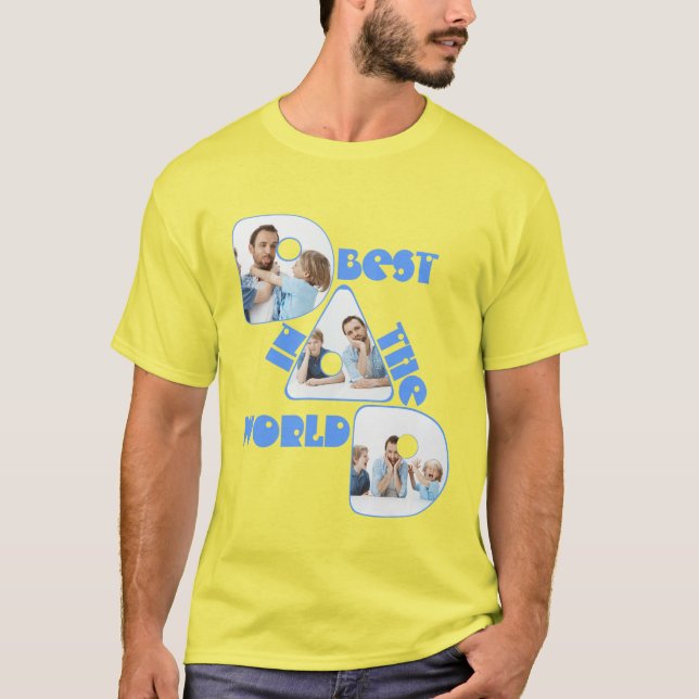 BEST VATER IN DER WELT, Foto Collage, blauer Schri T-Shirt (Vorderseite)