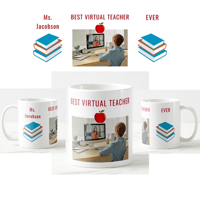 Best Virtual Teacher je Individuelle Name Foto Boo Kaffeetasse (Best Virtual Teacher Ever. Photo of student. Books. Modern, cute, elegant teacher appreciation mug)