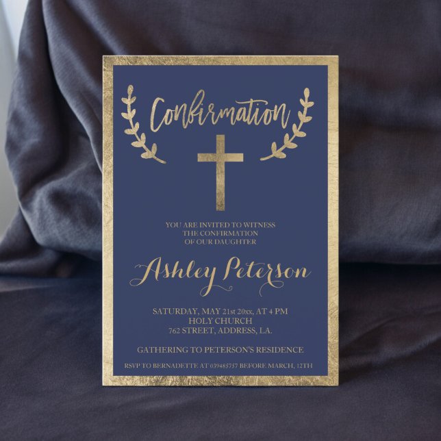 Bestätigung der Goldmarinebasis-Typografie Einladung (Gold navy blue typography border confirmation invitation)