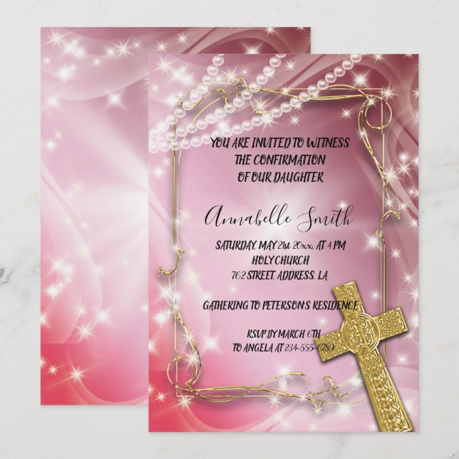 BESTÄTIGUNG DER hübschen Pink Pearl Cross Einladung (Vorne/Hinten)