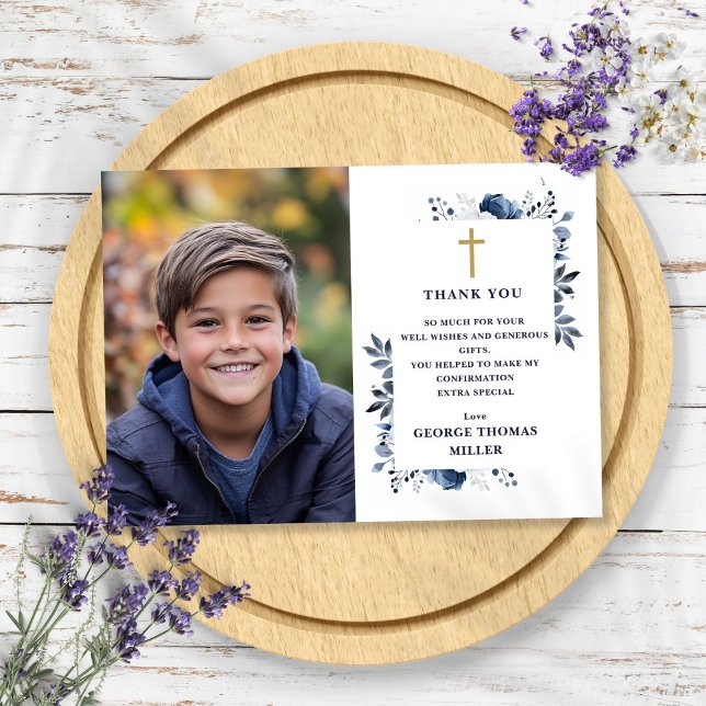 Bestätigung des Blauen Eleganten Fotos Dankeskarte (Navy Blue Elegant Floral Photo Confirmation Thank You Card)
