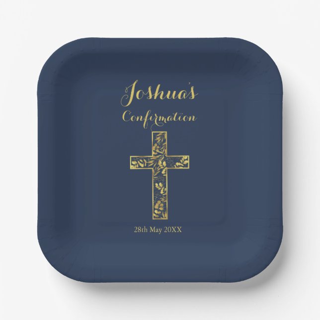 Bestätigung des modernen Blue-Gold-Cross-Name-Jung Pappteller (Vorderseite)