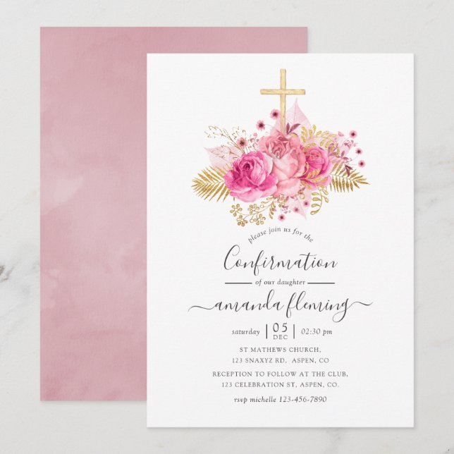 Bestätigung des tropischen Rosa und Gold-Blumen Einladung (Vorne/Hinten)