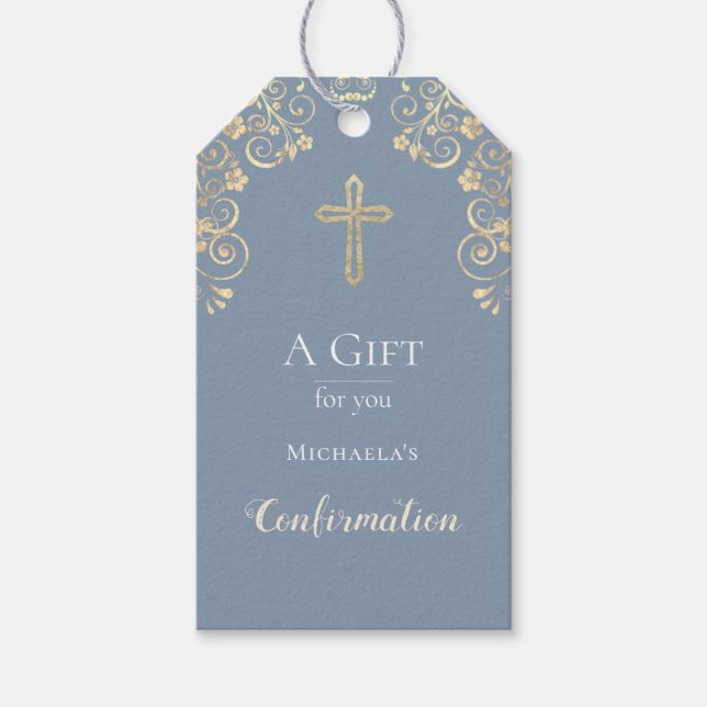 Bestätigung Dusty Blue Gold Cross Geschenkanhänger (Vorderseite)