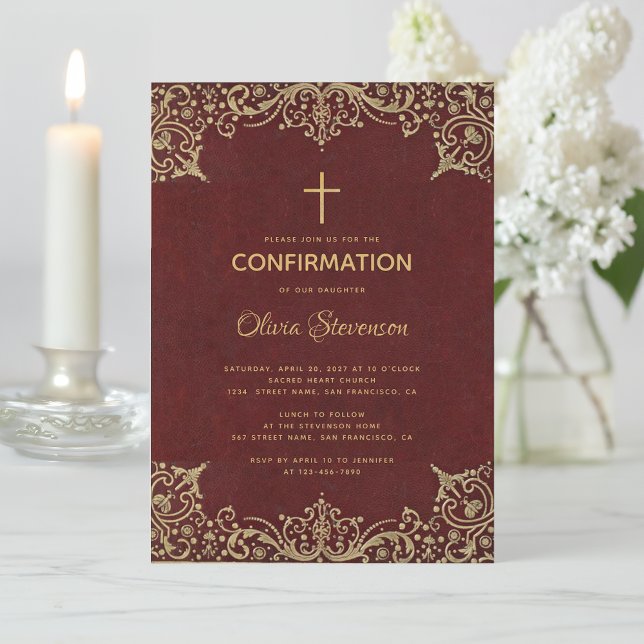 Bestätigung Elegant Burgundy Gold Cross Vintag Einladung (Von Creator hochgeladen)