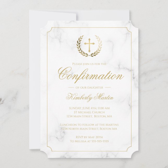 Bestätigung Elegantes White Marble Gold Script Gir Einladung (Vorderseite)