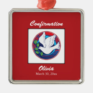 Bestätigung farbenfrohe Taube auf rotem Hintergrun Silbernes Ornament