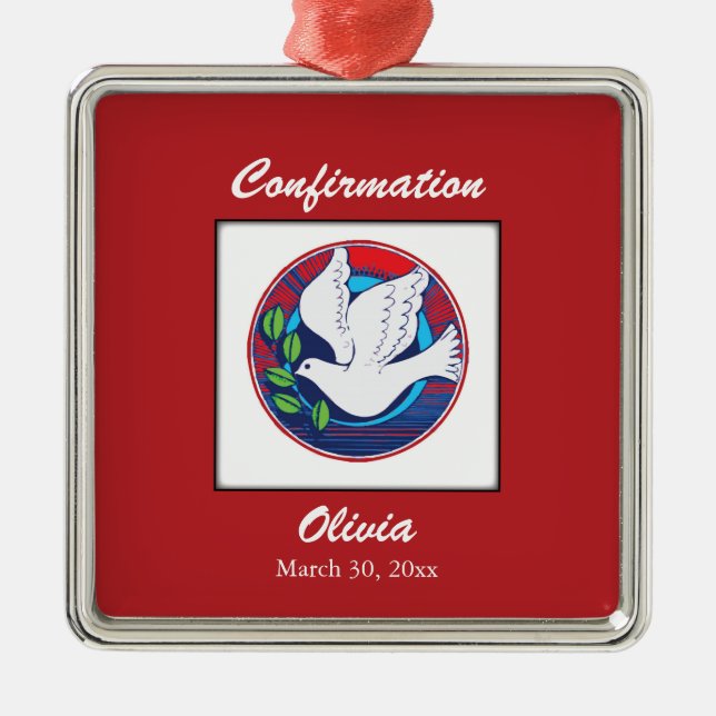 Bestätigung farbenfrohe Taube auf rotem Hintergrun Silbernes Ornament (Vorne)