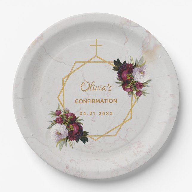 Bestätigung floral Burgundy Peonies Marble Gold Pappteller (Vorderseite)
