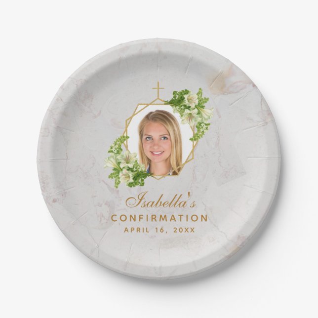 Bestätigung Girl Foto Marble White Lilies Gold Pappteller (Vorderseite)