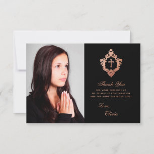 Bestätigung Mädchen Foto Elegant Schwarz Rosa Wapp Dankeskarte