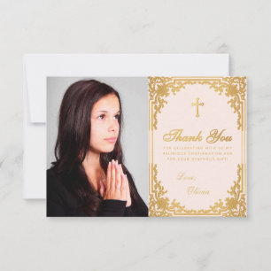 Bestätigung Mädchen Foto Rosa Gold Vintage Kreuz Dankeskarte