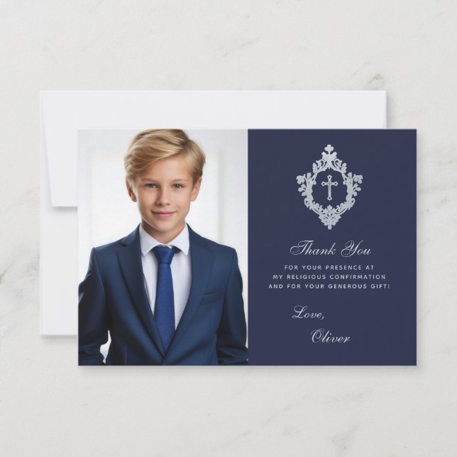Bestätigung Navy Blue Imitate Silver Wappen Boy Fo Dankeskarte (Vorderseite)