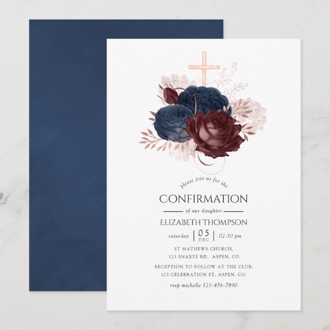 Bestätigung von Navy Blue und Maroon Floral Einladung (Vorne/Hinten)