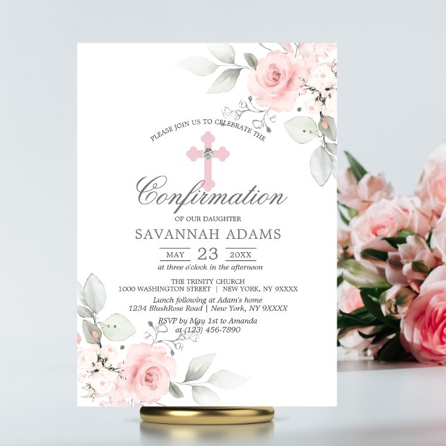 Bestätigung Wasserfarbe Rosa Mädchen Einladung (Confirmation Watercolor Pink Rose Girl Invitation)