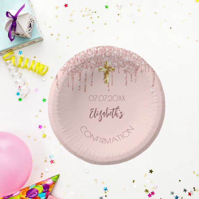 Bestätigungsgirl Rose Gold Glitzer Tropfen Name Pappteller (Von Creator hochgeladen)