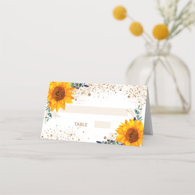 Bestätigungssonnenblume Eukalyptus-Goldgold-Glitze Platzkarte (Vorderseite)