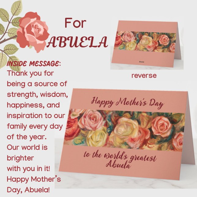 "Beste Abuela" Muttertag Spanisch Großmutter Karte (A beautiful floral roses Mother's Day card for your special Spanish Abuela grandma! Customizable.)