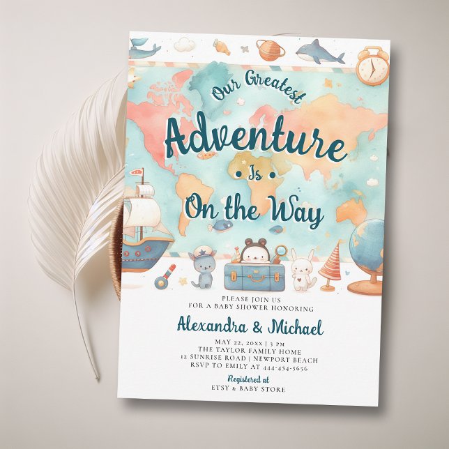 Beste Adventure Map Couples Kinderdusche Einladung (adventure boy baby shower invitation cute world map watercolor cute adorable boat animals luggage)