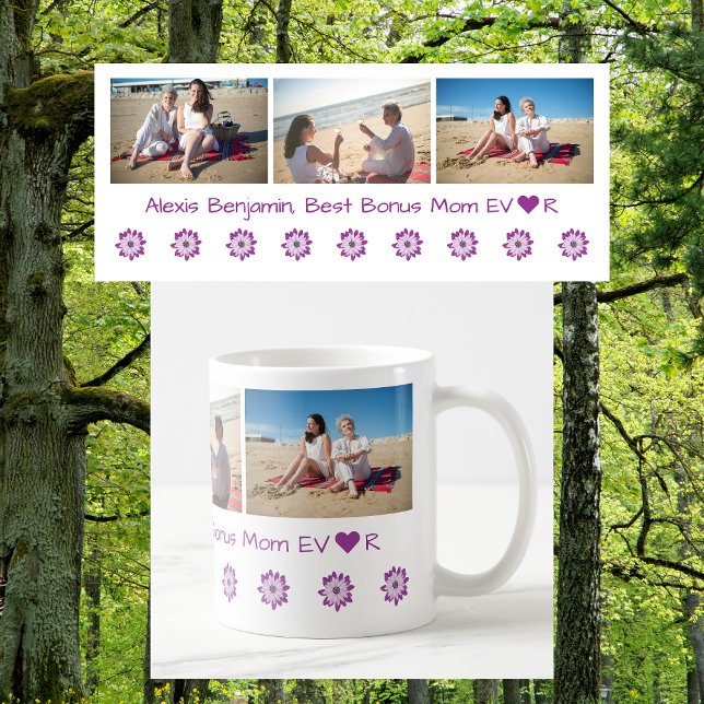 Beste Bonus Mama je, w/ Herz. Name + 3 Fotos Kaffeetasse (Best Bonus Mom EVER w/ heart. Personalized name & 3 photos. Modern, elegant, cute Mother's Day gift)