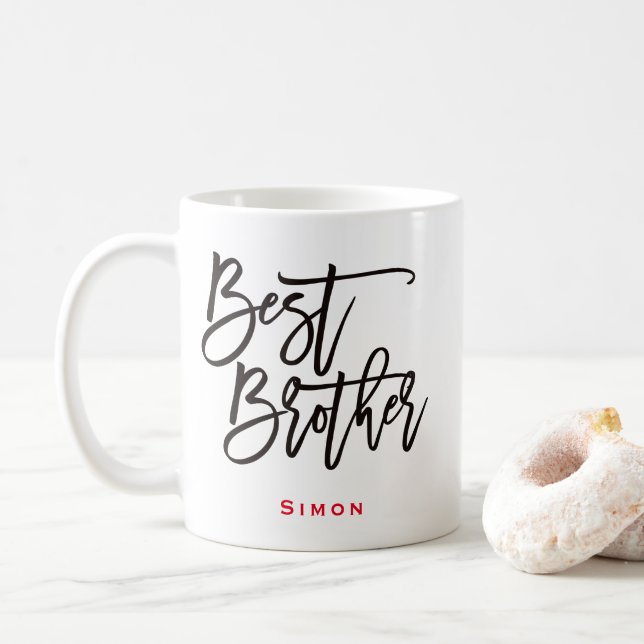 Beste Brother Black Script Typografy Red Name Gift Kaffeetasse (Mit Donut)
